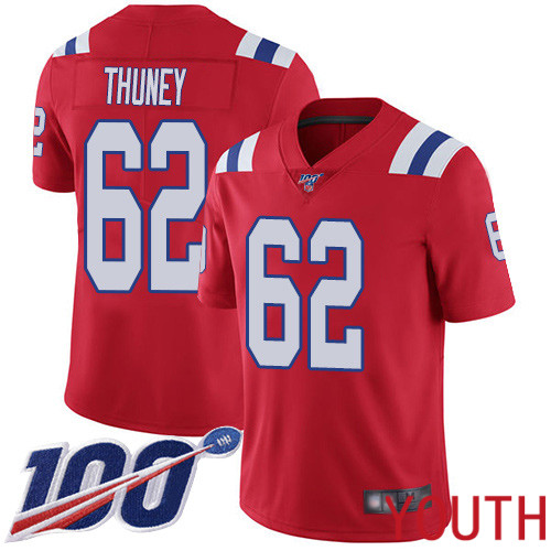 New England Patriots Football #62 Vapor Untouchable 100th Season Limited Red Youth Joe Thuney Alternate NFL Jersey->youth nfl jersey->Youth Jersey